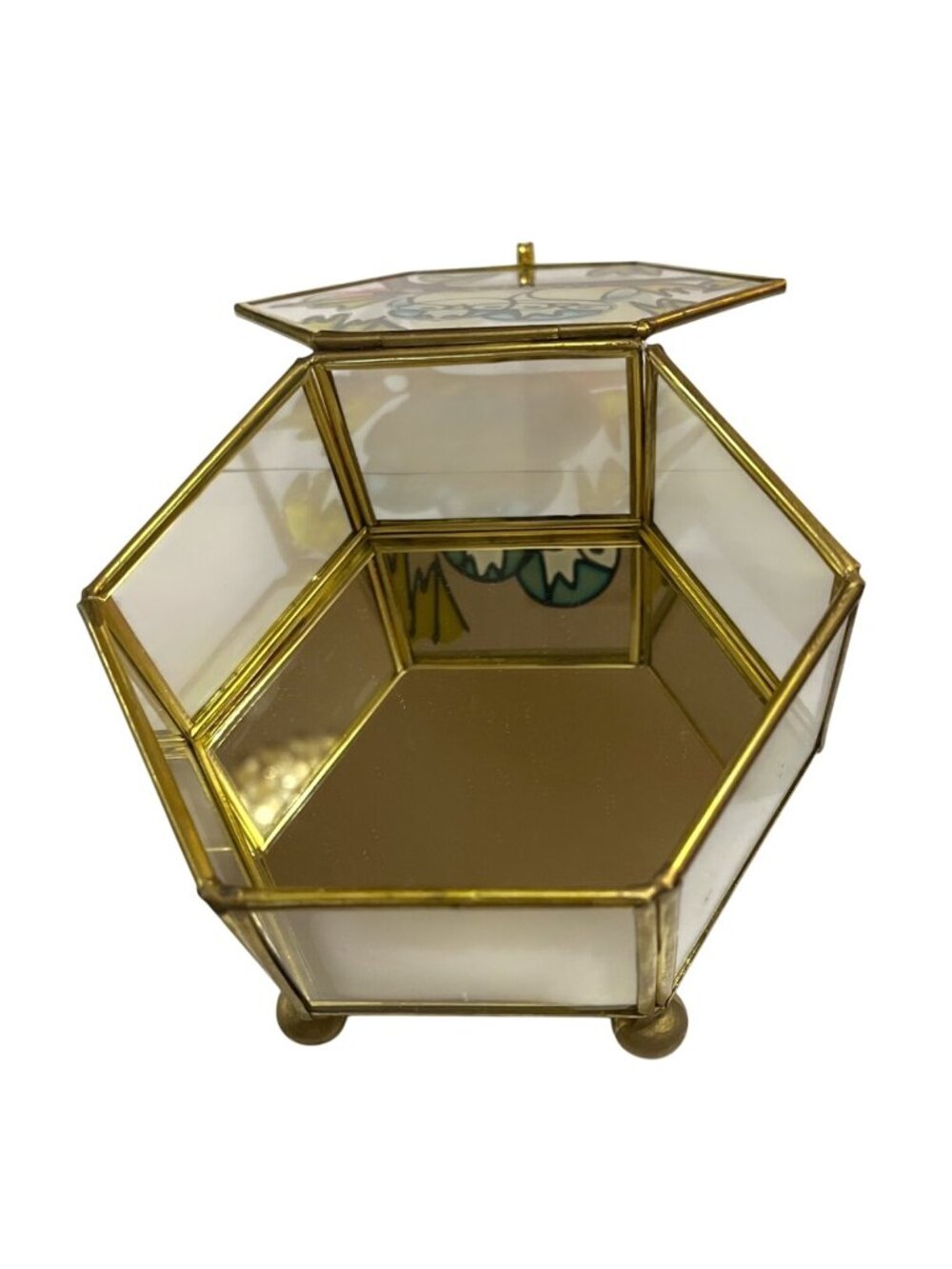 Hexagonal Stained Glass Jewelry Box With Owl Design & Brass Accents - Picture 5 of 7